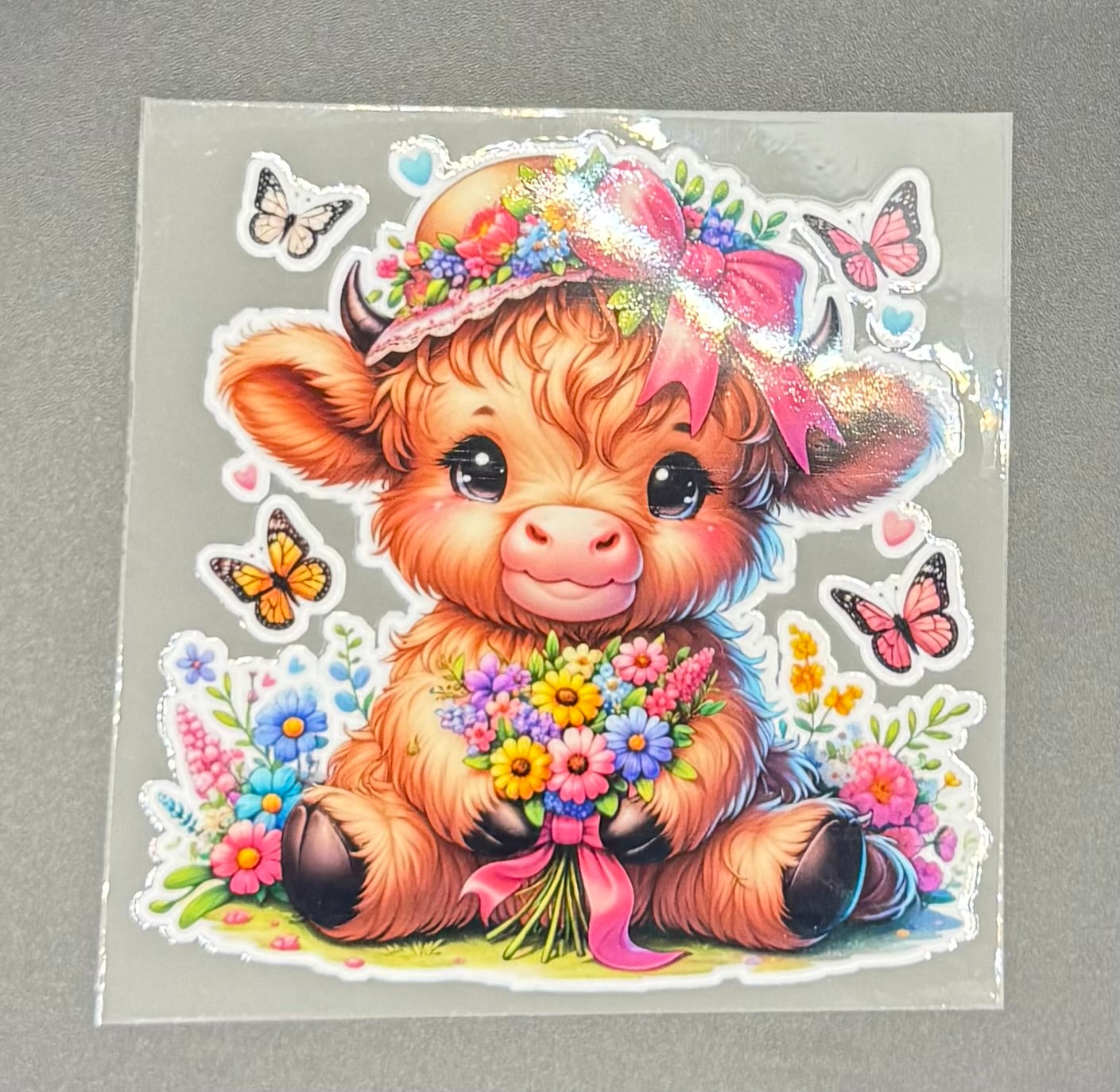 PRETTY COW IN BONNET WITH BUTTERFLIES & FLOWERS
