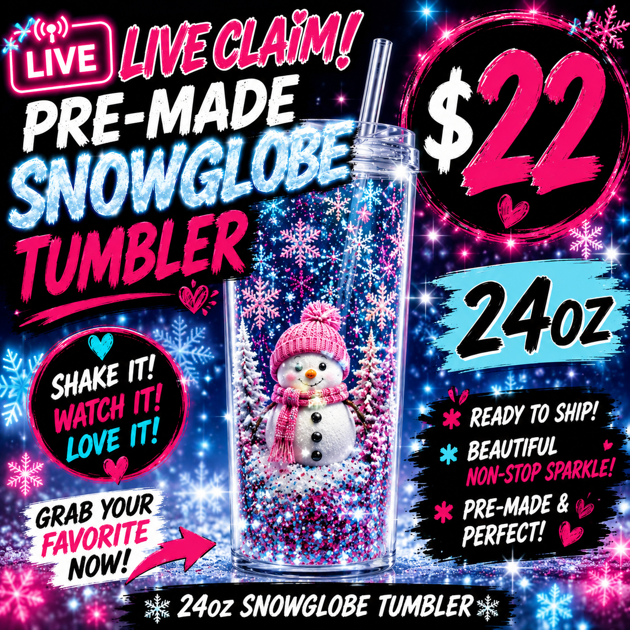 24oz LIVE CLAIM SNOWGLOBES