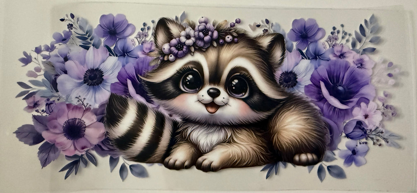 Raccoon with purple flowers