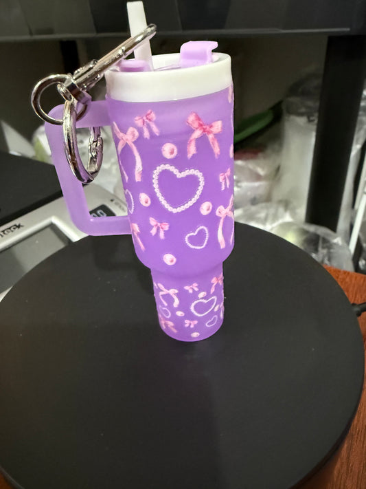 Mini Stanley Keychain - Purple w/Pink Bows