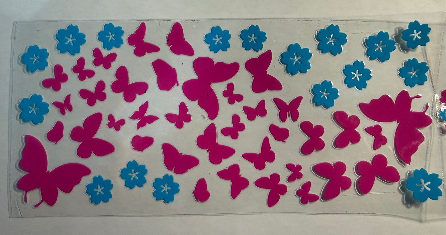 PINK BUTTERFLY W BLUE FLOWERS