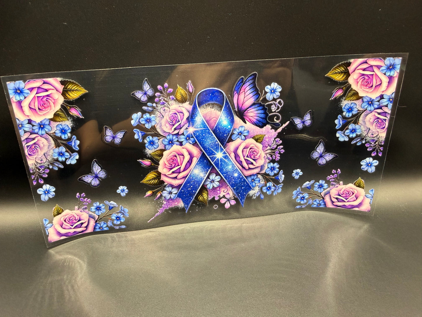 BLUE RIBBON WITH PURPLE ROSES