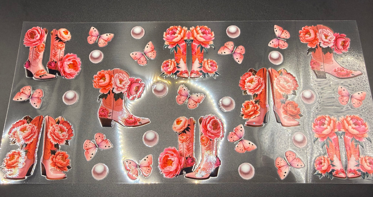 PINK BOOTS, PEARLS, FLOWERS