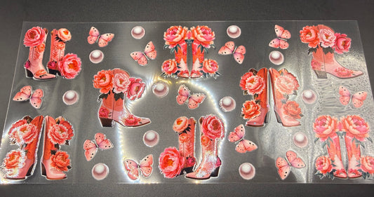 PINK BOOTS, PEARLS, FLOWERS