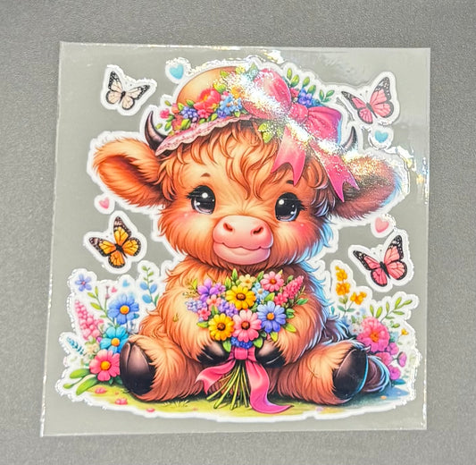 PRETTY COW IN BONNET WITH BUTTERFLIES & FLOWERS