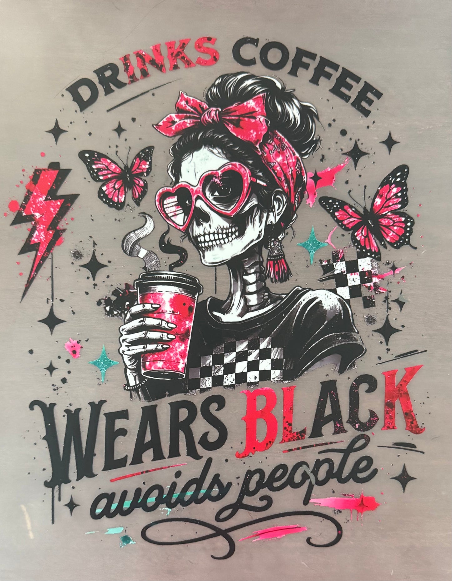 DRINKS COFFEE WEARS BLACK AVOIDS PEOPLE